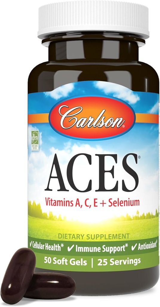 Carlson - ACES, Vitaminler A, C, E + Selenium, Hücre Sağlığı ve Immune Desteği, Antioksi, 50 Softgels