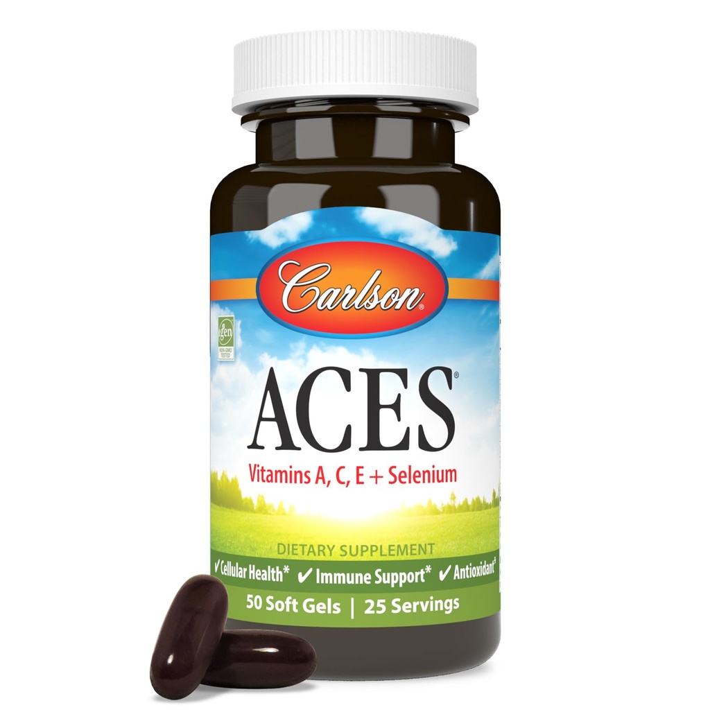 Carlson - ACES, Vitaminler A, C, E + Selenium, Hücre Sağlığı ve Immune Desteği, Antioksi, 50 Softgels