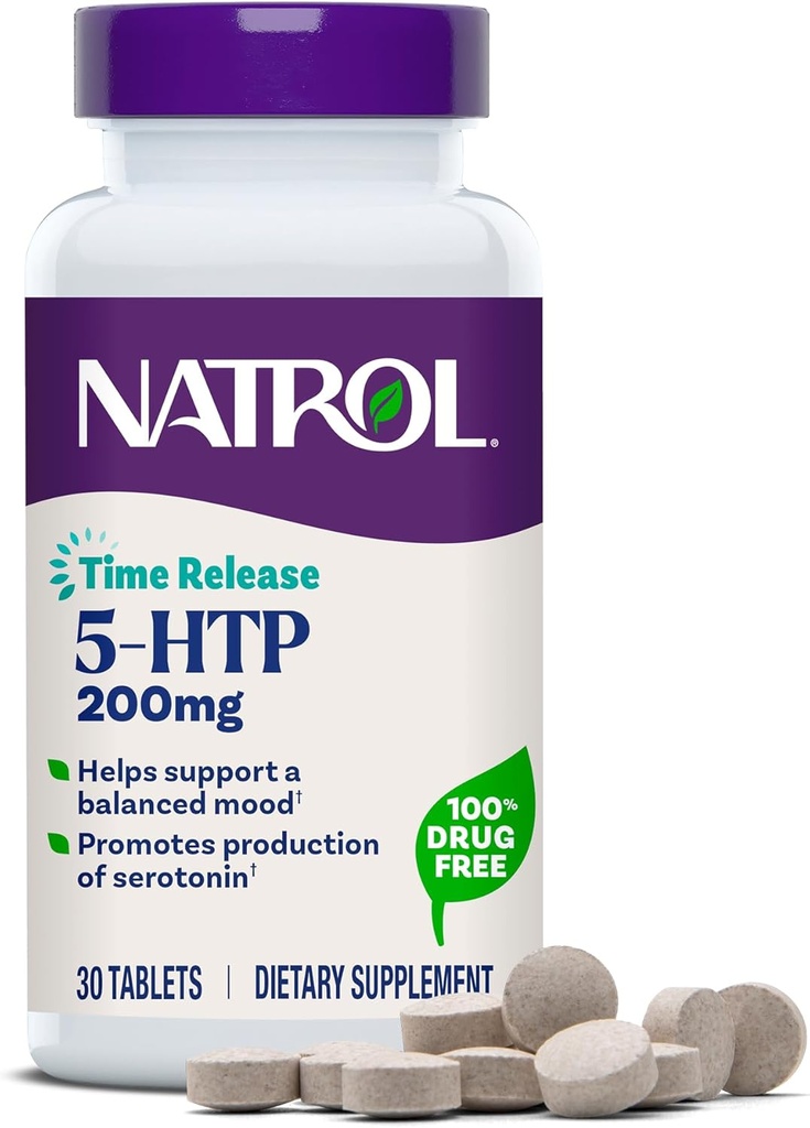 Natrol 5-HTP 200 mg, Zaman Yayını, Dengeli Bir Mood, Diyetsel Supplement Gün boyunca Serotonin Prodüksiyonunu Sağladı, 30 Tablet, 30 Day Supply