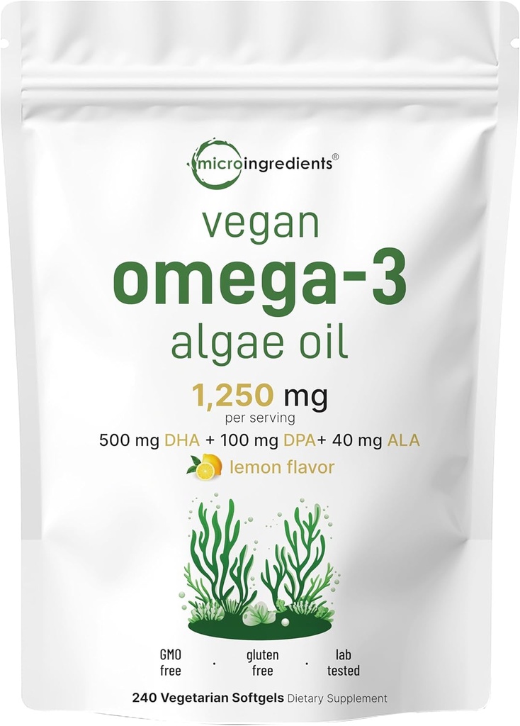 Mikro Malzemeler Vegan Omega 3 Algae Oil, 240 Veggie Softgels | Fish Oil Alternative | DHA 500 mg & DPA 100 mg | Carrageenan Free | Plant-Based Omega 3 with Flaxseed & ALA | Lemon Flavored