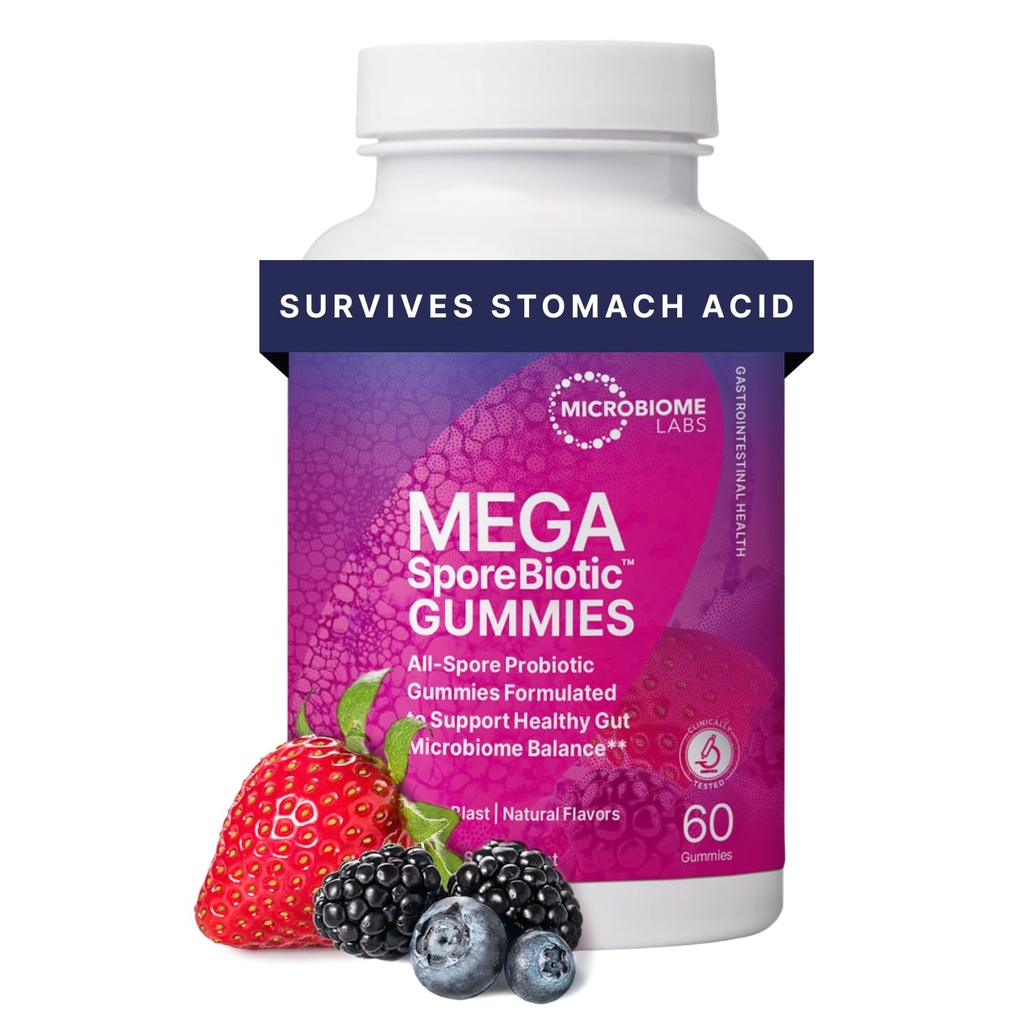 Microbiome Labs Kadınlar, Erkekler ve Çocuklar için Probiyotik Gummies - Mega485eBiotic Gummies - 4 Bacillus Probiyotikleri Digestive Health & Microbiome Support - Berry Flavor (60 Gummies)