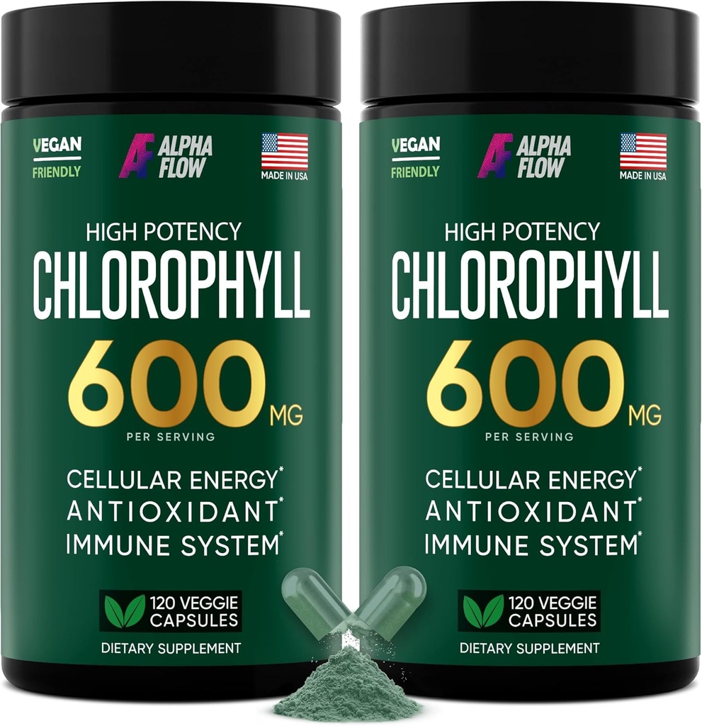Alpha Flow [2 Pack] Chlorophyll Capsules 600 mg - Energy & Skin için klorophyll Supplement - Kadınlar ve Erkekler için İç Deodorant - Sıvı Bıraklara Alternatif - 240 Vegan Pills