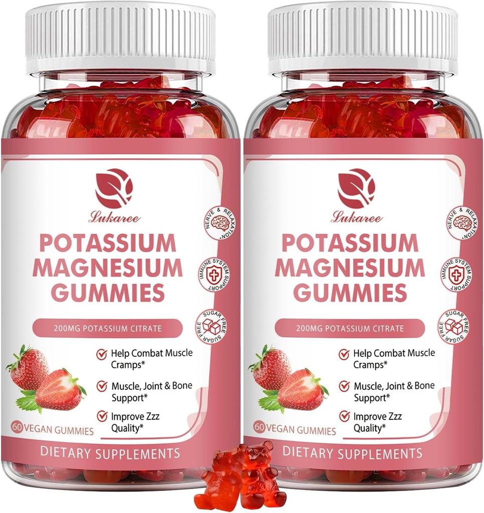 Συμπληρώματα Μαγνησίου Κάλιο Gummies - Νέα φόρμουλα Ηρεμία Μαγνήσιο Γλυκινικό Gummies & Κάλιο Κιτρικό 200 mg Plus Omega 3, B6, D3, K2 & Ασβέστιο για Zzz, Πόδι Cramps & Μύες - 120 Count