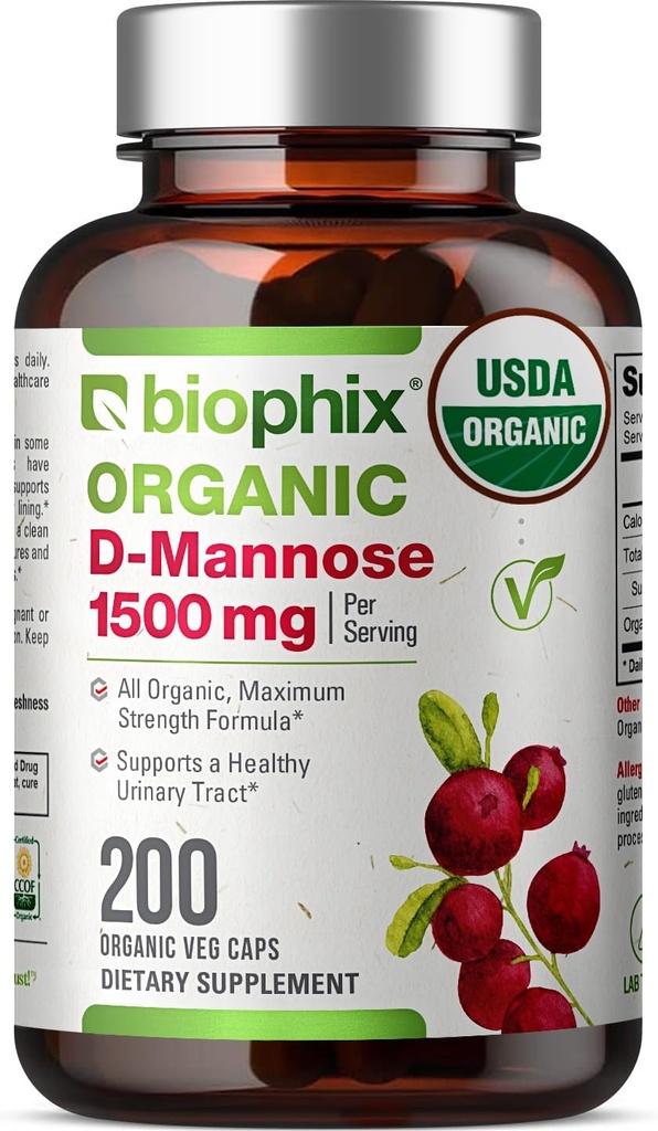 biophix D- Mannose USDA Organic 1500 mg 200 Veggie Caps - Υποστηρίζει ένα υγιές ουροποιητικό, μη ΓΤΟ, Vegan-Friendly