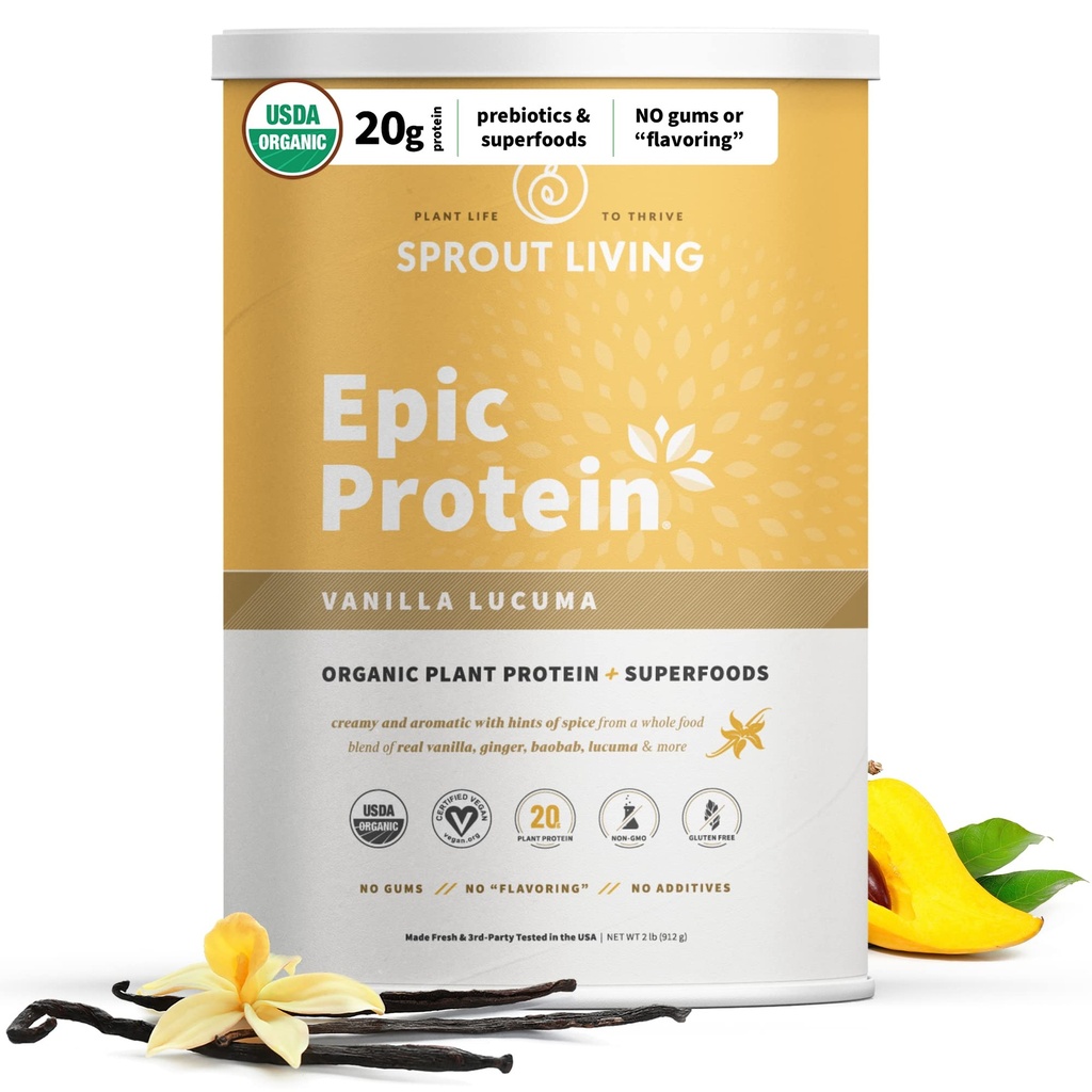 Sprout Living Epic proteini, Plantive protein & Superfoods Toz, Vanilla Lucuma Toz | 20 Grams Organik Protein Toz, Vegan, Süt, Non-GMO, Gluten Free, Low Sugar (2 Pound, 24 Hizmet)