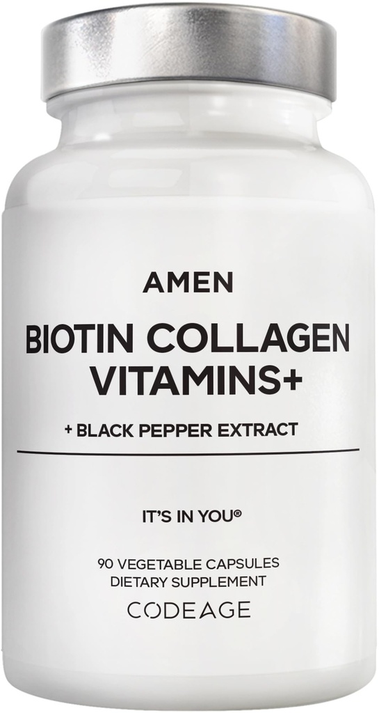 Amen Biotin Collagen Vitamins+ 10.000 mcg Biotin Supplement - Hydrolyzed Collagen, C & E, Folate, Hyaluronic Acid, Keratin, MSM, Saw Palmetto - 3Month Supply - Non-GMO - 90 Capsules
