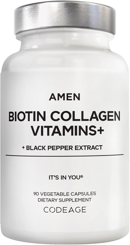 Amen Biotin Collagen Vitamins+ 10.000 mcg Biotin Supplement - Hydrolyzed Collagen, C & E, Folate, Hyaluronic Acid, Keratin, MSM, Saw Palmetto - 3Month Supply - Non-GMO - 90 Capsules