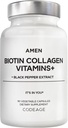Amen Biotin Collagen Vitamins+ 10.000 mcg Biotin Supplement - Υδρολυμένο κολλαγόνο, Βιταμίνες C & E, Folate, Υαλουρονικό οξύ, κερατίνη, MSM, Saw Palmetto - 3-Month Supply - Μη ΓΤΟ - 90 Κάψουλες