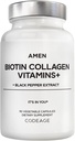 Amen Biotin Collagen Vitamins+ 10.000 mcg Biotin Supplement - Hydrolyzed Collagen, C & E, Folate, Hyaluronic Acid, Keratin, MSM, Saw Palmetto - 3Month Supply - Non-GMO - 90 Capsules