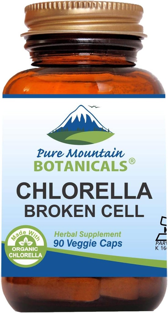 Pure Mountain Botanicals Broken Cell Wall Chlorella Caps - 90 Kosher Vegan Caps Τώρα με 500mg οργανική σκόνη Chlorella