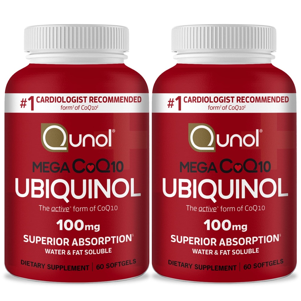 Qunol Mega Ubiquinol Coq10 100 mg, Üstün Aborpsiyon, Patentli Su ve Fat ► Natural Supplement Form of Coenzyme Q10, Antioksidan for Heart Health, 60 Softgels, Pack of 2