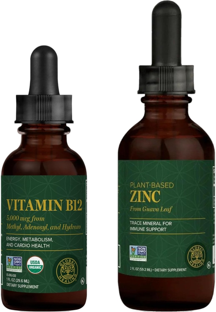 Global Healing Center - Vitamin B12 ve Organik Çinko Sıvı Supplement Kit - Uzun Süreli Enerji, Immune System Boost, Hormon Dengesi