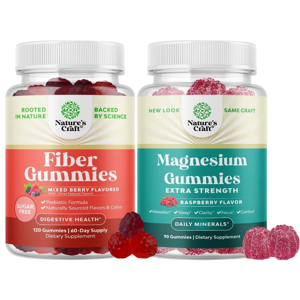 Fiber Gummies - Chicory Root Supplement, Gut & Digestive Health ve Magnezyum Gummies için Prebiyotik Destek ile - Rahatlama Magnezyum Citrate - Raspberry Flavored for Body & Mind Relaxation