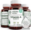 Natural Nutra Vitamin A 10. 000 IU Softgels – Υψηλής ισχύος Βιταμίνες ματιών και δέρματος – Χωρίς γλουτένη - Συμπλήρωμα για την Ορατότητα & την Υγεία του Δέρματος – Λάδι από συκώτι ψαριών για άνδρες και γυναίκες, Χωρίς γλουτένη 100 Softgels (2 Συσκευασία)
