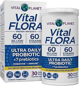 Vital Planet - Vital Flora Ultra Daily Probiyotik 60 Milyar CFU, 60 Diverse Strains, 7 Organik Prebiyotik, Immune Support, Digestive Health Raf Stable Probiyotiks for Women and Men 30 Capsules