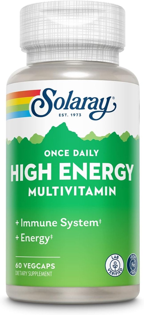 SOLARAY Günlük Yüksek Enerji Multivitamin, Iron Free, Immune System ve Enerji Desteği, Tüm Gıda ve Herb Base Malzemeler, Erkekler ve Kadın Çok Vitamini, 60 Hizmet, 60 VegCaps