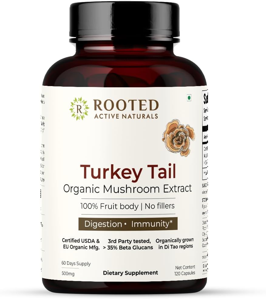 ROOTED Active'in Türkiye Tail Mushroom Extract Capsules | Kalp Sağlığı, Stres Yardımı, Liver. USDA Organic,% 35 Beta Glucans, Sertifikalı Organik (120 Capsules)