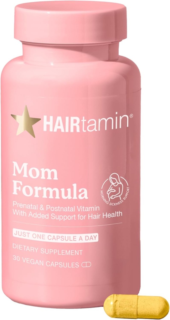 HAIRtamin MOM Vegan Prenatal & Postnatal Multivitamin Supplement & Saç Vitamini, Postpartum, Emziring Probiyotik One-a-Day Hair Vitamins with Biotin, çinko, Iron (30 Counts)