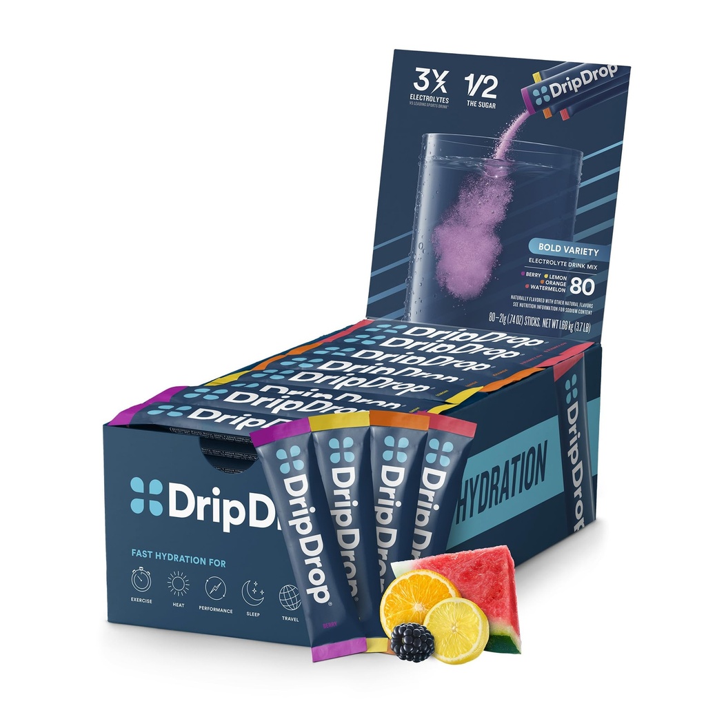 DripDrop Hydration Packets - Bold Diversity Pack - Single Serve Electrolytes Toz İçecek Mix - Watermelon, Berry, Lemon, Orange - Non-GMO, Gluten Free, Vegan - 80 Sticks