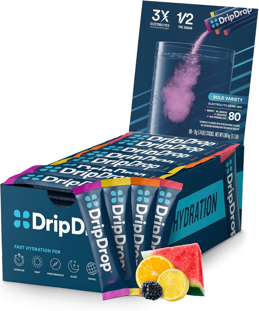DripDrop Hydration Packets - Bold Diversity Pack - Single Serve Electrolytes Toz İçecek Mix - Watermelon, Berry, Lemon, Orange - Non-GMO, Gluten Free, Vegan - 80 Sticks