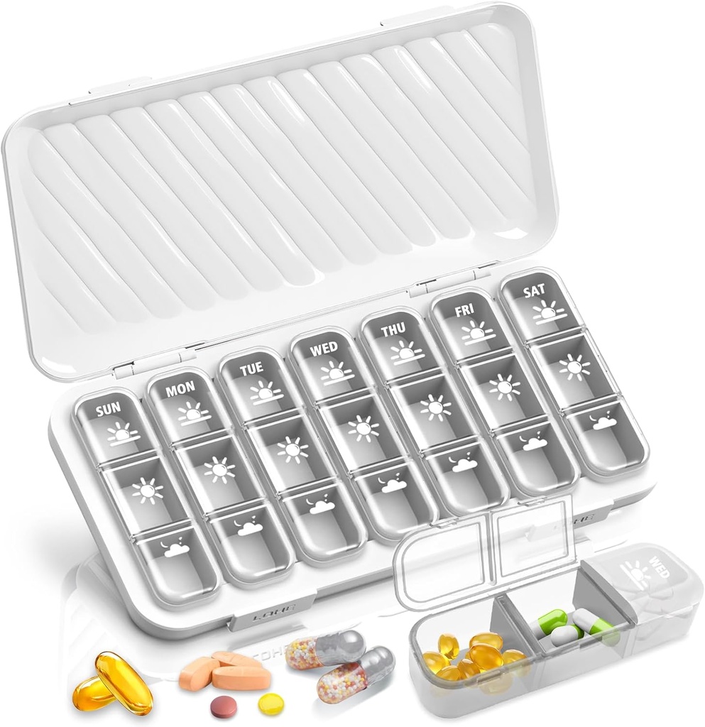 GloDeals Haftalık Pill Organizer - Büyük 7 Gün Tıp Organizecı, 3 Times A Day, White