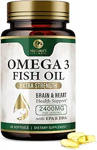 Omega 3 Fish Oil Pills 2400 mg - Triple Strength Omega 3 Fish Oil Supplements - Brain & Heart Health Support, Nature's Omega3 Supplement, 30 Day Supply - 60 Softgels