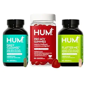 HUM Gut Health Sche, Daily Cleanse, Flatter Me Digestive Enzymes & Pro Apple Cider Vinegar Gummies with Probiyotiks for Digestive Health, Probiyotiks, B12, ACV, 3-Step Wellness Support Pack