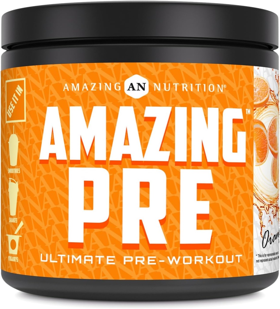 Amazing Nutrition Amazing PRE | Ultimate Pre-Workout Supplement | 30 Servisler Toz | 2.5 Grams BCAA Oda başına (30 hizmet, Doğal Orange)