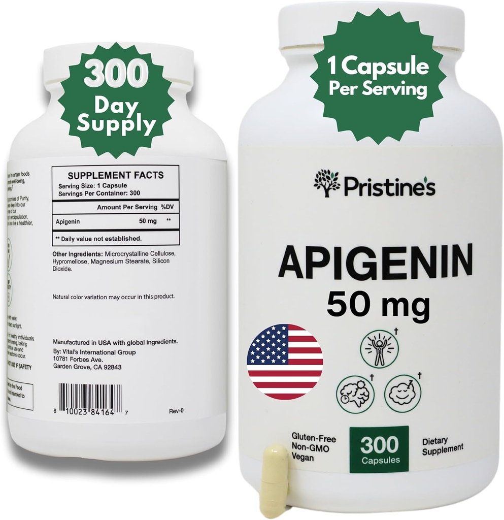 PRISTINE'S Apigenin 50 mg 300 Uyku Kapsülleri için Tedarik Tamamı - Prostate Support Supplement in Chamomile Toz for Relaxation, Health Aging, Brain & Heart Health, & Immunity