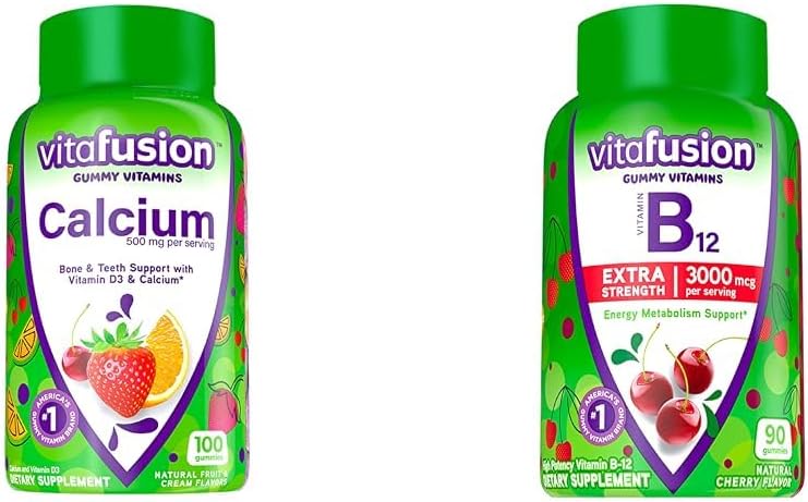 Vitafusion Μασώμενο Ασβέστιο Gummy Βιταμίνες για την υποστήριξη των οστών και των δοντιών & επιπλέον δύναμη Βιταμίνη Β12 Gummy Βιταμίνες για την υποστήριξη του μεταβολισμού και του νευρικού συστήματος Υγεία Υποστήριξη