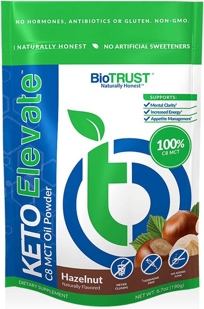 BioTrust Keto Elevate – C8 MCT Oil Toz – Ketgen MCT Kahve Kremer, Keto Kahve Kremer – Temiz Enerji, Zihin Oda ve Clarity – %100 Caprylic Acid MCT Toz, Non-GMO (Hazelnut, 20 Hizmet)