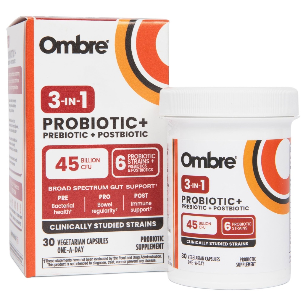 Ombre 3in-1 Probiyotik, Prebiyotik ve Postbiyotik for Digestive Health & Gut Health - 45 Milyar CFU - Bloating, Constipation & Gas Relief - Metabolic & Immune Support for Women & Men, 30 Day Supply