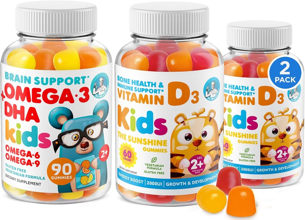 Omega 3 DHA Gummies and Vitamin D Gummies for Kids & Yetişkinler - No Fish Oil and Gluten Free Immune Health Plant Based Fiber Chewable