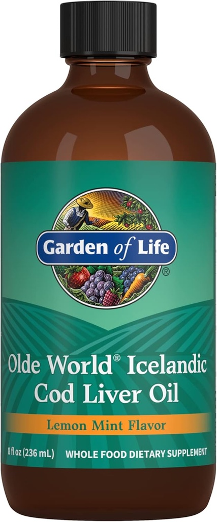 Life Olde World İzlandalı Cod Liver Oil Liquid - Lemon Mint Flavor - 1000 mg Omega 3 Fish Oil, Fatty Acids, EPA, DHA, D & A, CLO Supplements for Hearth Health, 47 Servisler