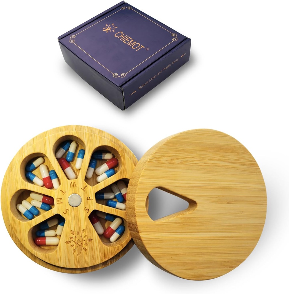 Wine Wood Weekly Pill Organizer for Medicine Vitamin Supplement, Arthritis Friendly 7Day Pill Box Medium Konteyner Sahibi, Günlük Portatif Seyahat Pill Case Keeper Creation