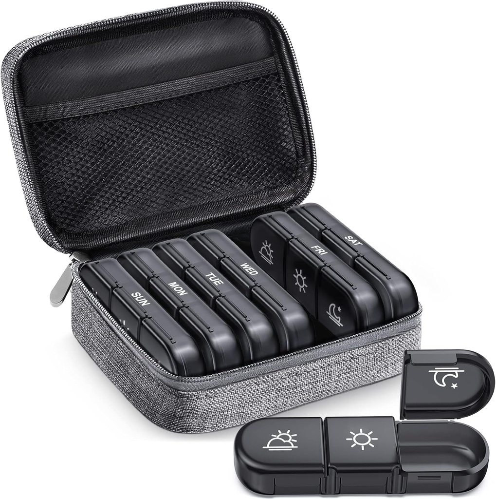 ZIKEE Büyük Haftalık Pill Case Organizer 3 Times a Day, Portatif Işıklı Karı Pill Box 7 Günlük Gizlilik ve Mağaza İlaçlarınızı Korumak, Vitamin, Fish Oil, Supplement (Grey)
