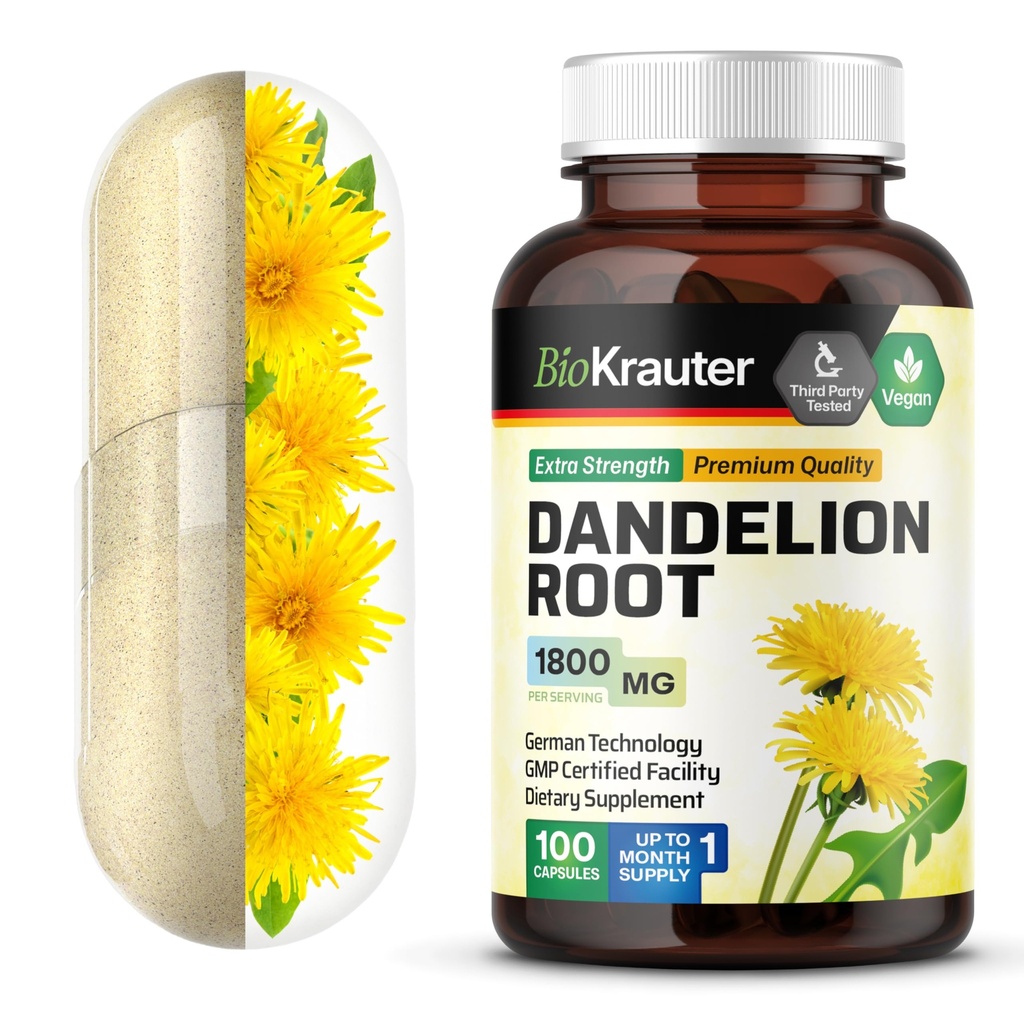 BIO KRAUTER Dandelion Root Capsules - 1800 mg Strength - 100 Count - Dandelion Root Supplement - Liver Support için Vegan Capsules