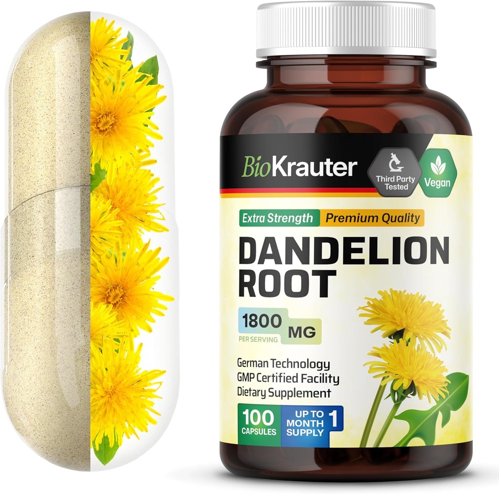 BIO KRAUTER Dandelion Root Capsules - 1800 mg Strength - 100 Count - Dandelion Root Supplement - Liver Support için Vegan Capsules
