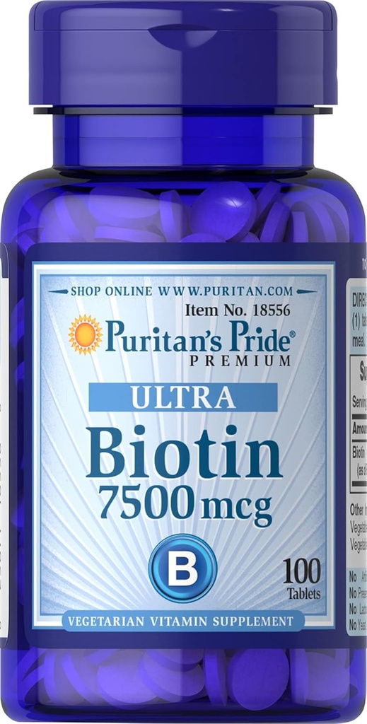 Puritan's Pride Biotin 7500 mcg, Healthy Hair Support, 100 Count, 100 Count (Pack of 1)