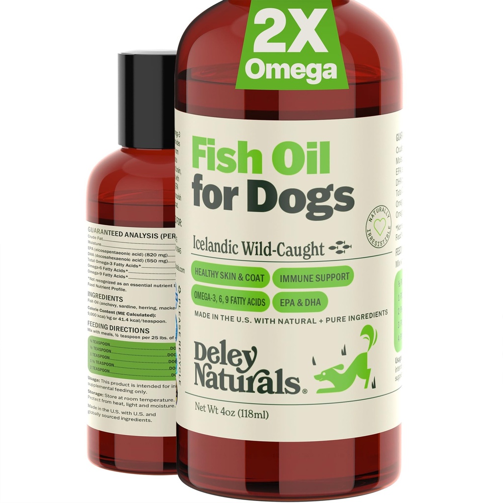 Deley Naturals Dog Fish Oil İzlandaic 2X Omega - Dog Itching Skin Relief with Omega 3 6 9 for Allergies, Coat & Heart - Omega 3 Fish Oil for Dogs Skin Irritation - 4oz Omega Oil for Dogs Made in USA