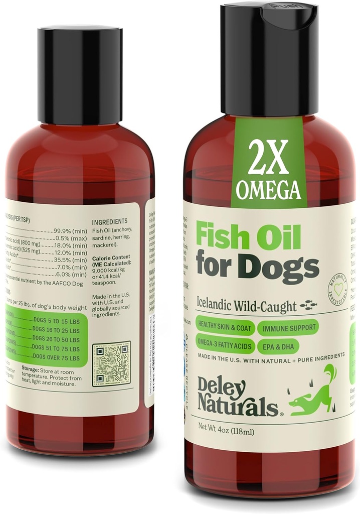 Deley Naturals Fish Oil Σκύλος Ισλανδικό 2X Omega - Dog Icing Skin Relief με Ωμέγα 3 6 9 για Αλλεργίες, Παλτά & Καρδιά - Omega 3 Fish Oil για Σκύλους Ερεθισμός - 4oz Omega Oil για Σκύλους Made in USA