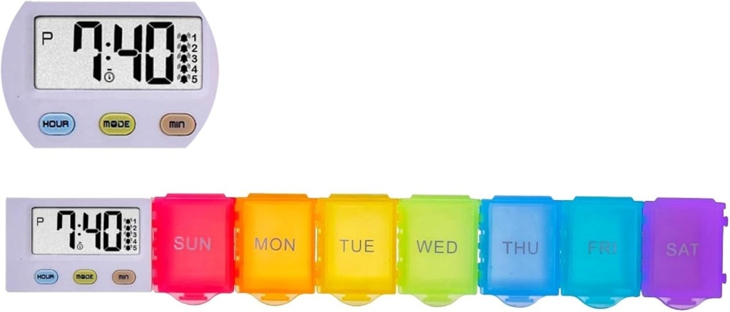 [4 in 1] 7 Day Medicine Pill Organizer+5 Υπενθύμιση Συναγερμοί+Timer+Clock,Large Compartment,Loud Sound,Large Screen,Moisture-Proof,Dust-Proof,Travel Weekly/Daily Pill Box/Organizer/Case/Container/Dispenser