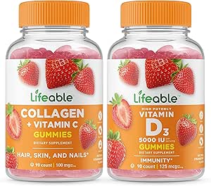Ζωηρό Κολλαγόνο & Βιταμίνη C + Βιταμίνη D 5000 IU, Gummies Bundle - Μεγάλη γεύση, συμπλήρωμα βιταμίνης, Χωρίς γλουτένη, GMO Δωρεάν, Μασώμενο Gummy