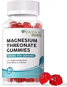 ZA'ZA K ORGANICS Threonate Gummies, 500 mg Magnezyum Threonate with Glycinate, L-Theanine, Lemon Balm, Çocuklar Yetişkinler için Tamam, Beyin Sağlığı, 60 Kont