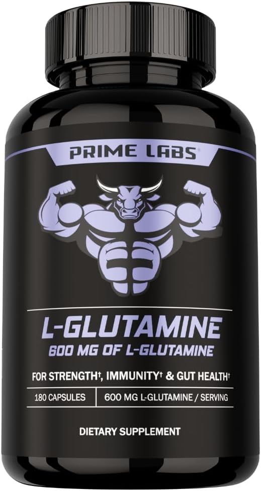 Prime Labs L Glutamine Capsules 600 mg - Supports Strength, Muscle Recovery, Immunity, & Gut Health - Bolt Acid Supplement - for Men & Women