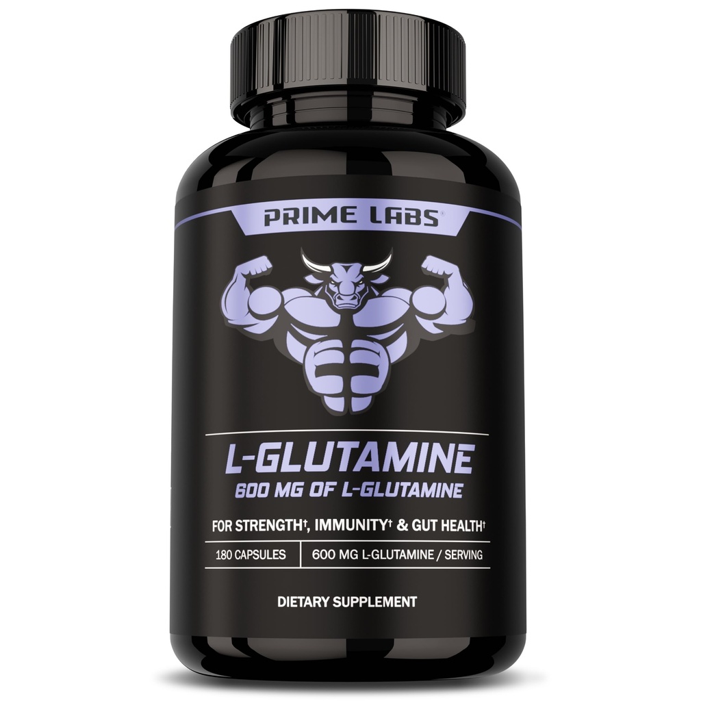 Prime Labs L Glutamine Capsules 600 mg - Supports Strength, Muscle Recovery, Immunity, & Gut Health - Bolt Acid Supplement - for Men & Women