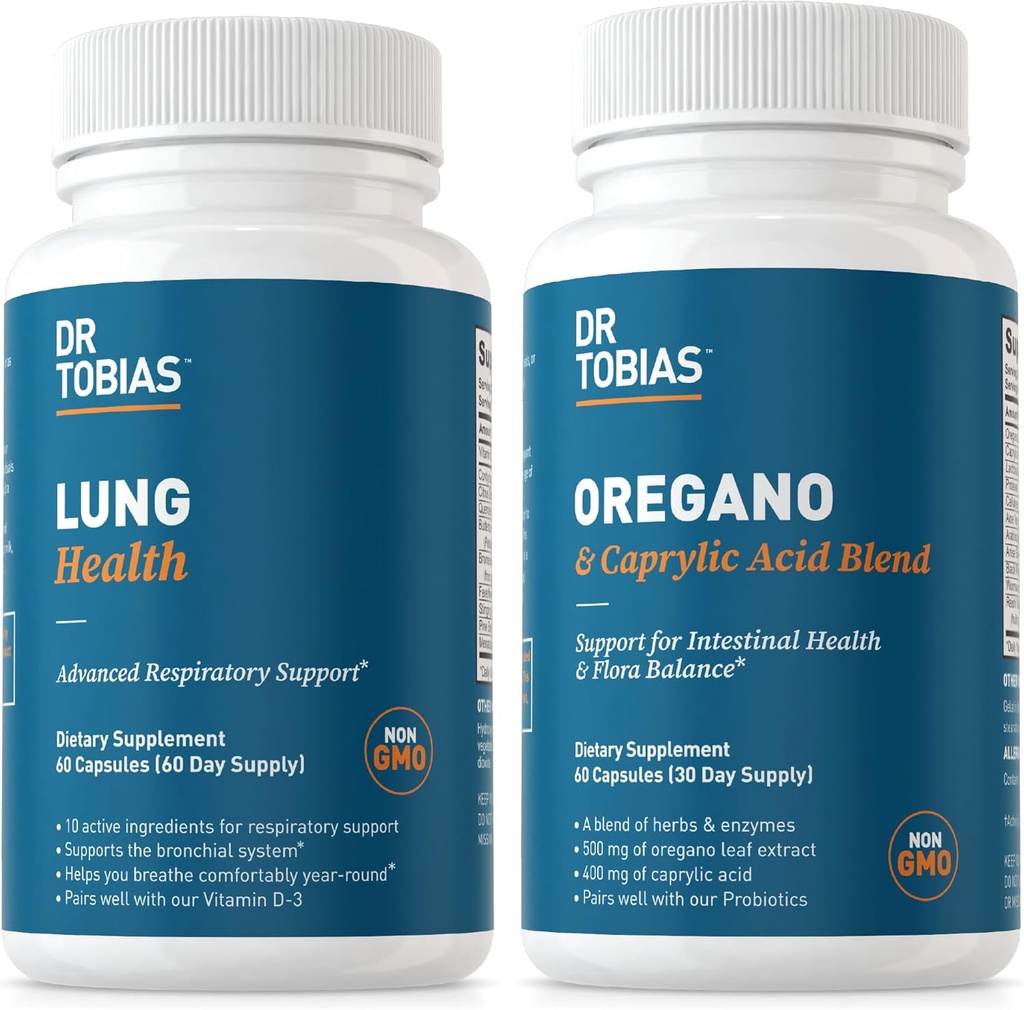Dr. Tobias Lung Health ve Oregano & Caprylic Acid, Supports Lung Cleanse & Detox, Intestinal Health, Immune Support with Prebiyotiks & Herbs for Women & Men