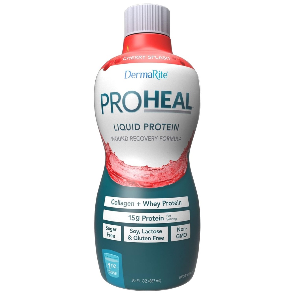 DermaRite's ProHeal Protein Supplement - Liquid Protein Wound Recovery Formula, 15g of Collagen & Whey Protein - Cherry Splash Flavor, 30 oz., 1 Count