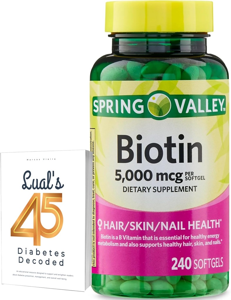 Spring Valley Biotin 5000 mcg 240 Count, Συμπλήρωμα διατροφής για τα νύχια του δέρματος μαλλιών, Βιταμίνες μαλλιών για την απώλεια μαλλιών για τις γυναίκες Bundle με 45 διαβήτη αποκωδικοποιημένες