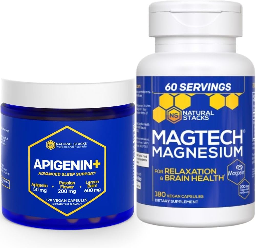 Uyku + Magtech Magnezyum Supplement Log için NATURAL STACKS Apigenin - Uyku ve Beyin Sağlığı * - 300 Toplam Capsules